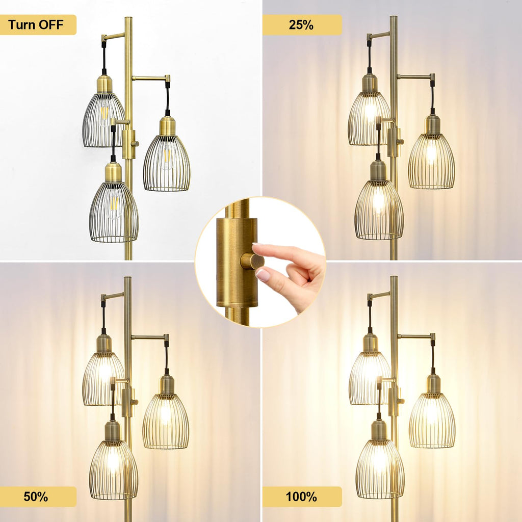Floor Lamp, 3 x 800LM LED Edison Bulbs Included, Farmhouse Industrial Floor Lamp Standing Tree Lamp with Elegant Teardrop Cage Tall Lamps for Living Room Bedroom Office Dining Room-Brass