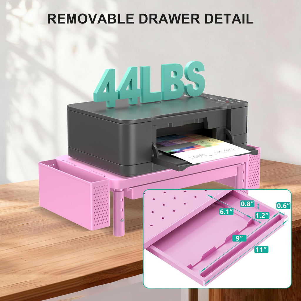 Computer Monitor Stand with Storage, Desk Organizer with Drawer and Pen Holder, Desk Monitor Riser 3 Height Adjustable, Laptop Riser for Computer, Laptop, Printer (PTT003-P), 1 Pack, Pink