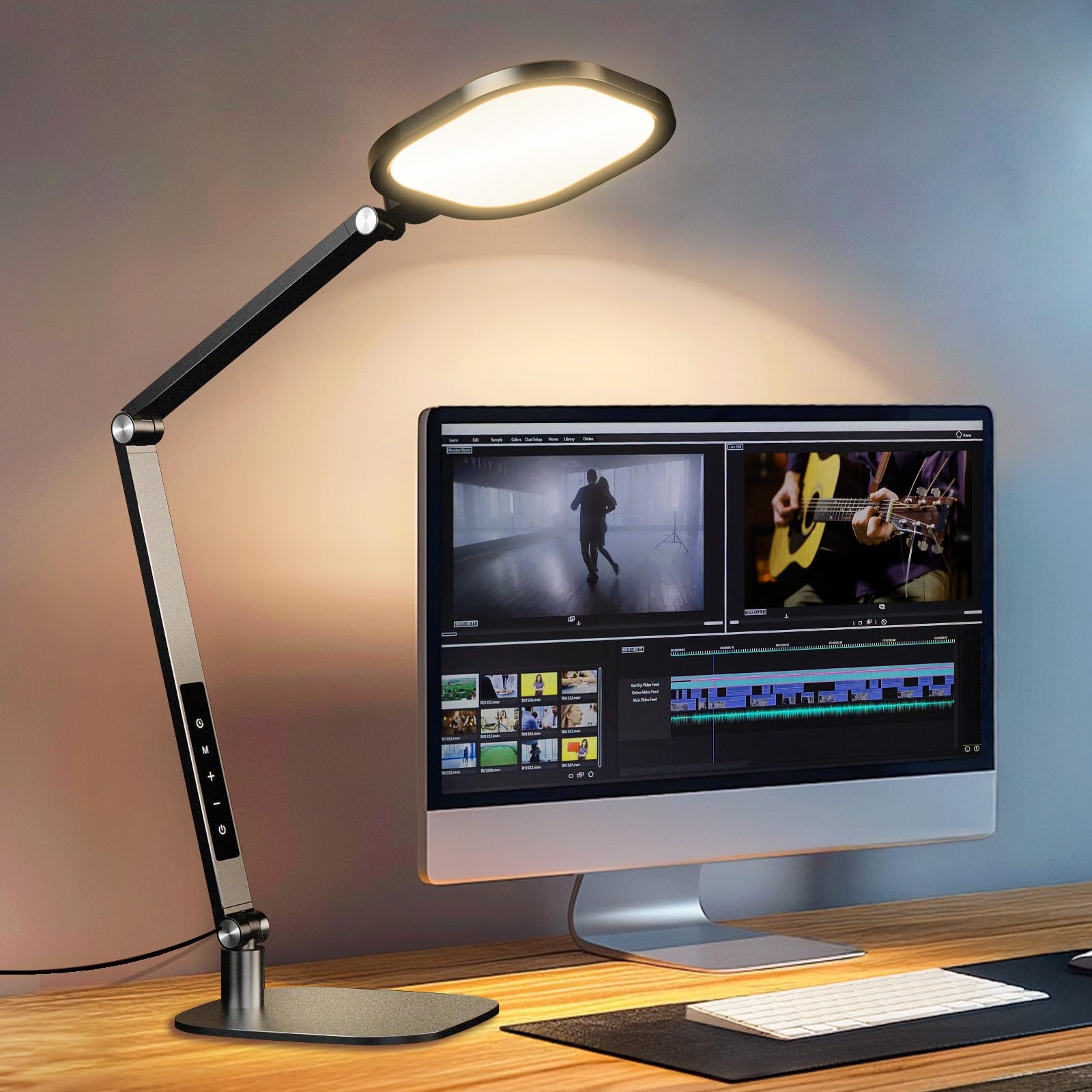 LED Desk Lamp for Office, 15W Desk Light with CRI >95, Memory & Timer Function, 1200LM Dimmable Computer Light for Video Calls, Conference, Reading, Study (Black-2packs)