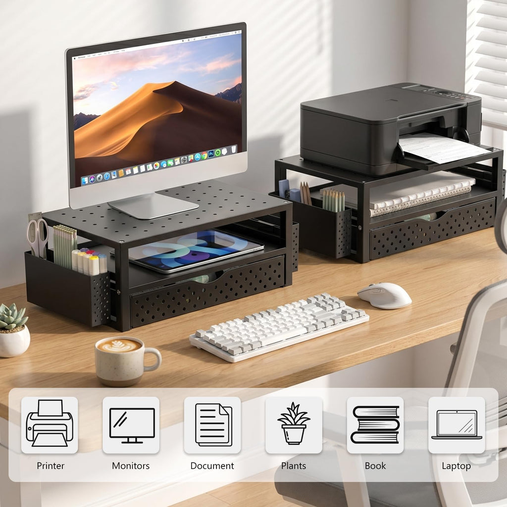 Monitor Stand Riser with Drawer and 2 Pen Holders, Desk Organizers and Accessories for Computer, Printer, Laptop Stand for Home Office Supplies, (PTT004-B), 1 Pack, Black