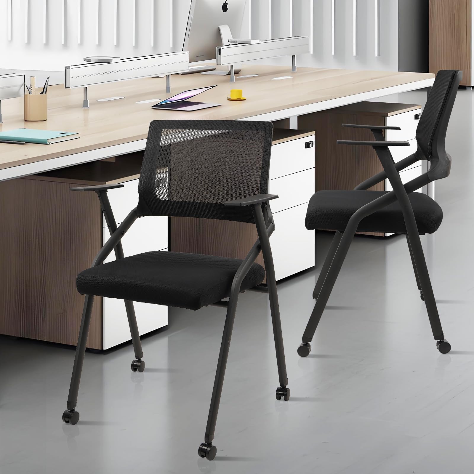 Ergonomic Stackable & Foldable Conference Room Chairs, Mesh Office Chair with Arms and Wheels for Office Waiting Room Meeting Lobby Church School Receptions and Training Black