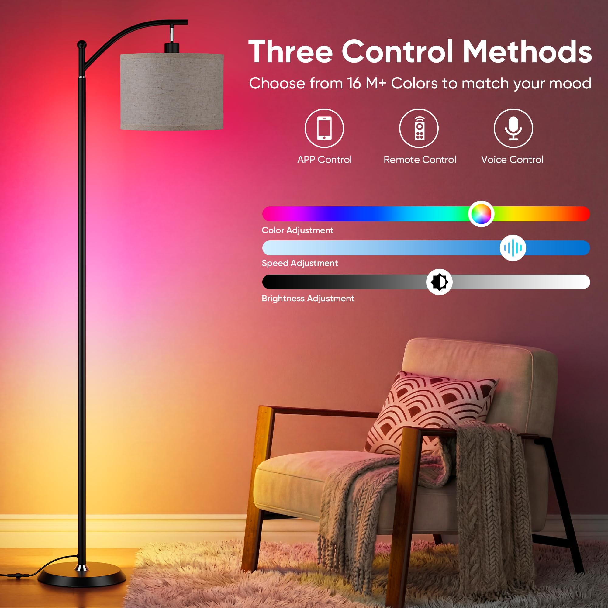 Smart LED RGBCW Corner Lamp with Linen Lampshade Compatible with Alexa, Color Changing Standing Lamp with 16 Million DIY Colors, Music Sync, Tall lamp for Living Bedroom Room,APP/Voice/Remote Control