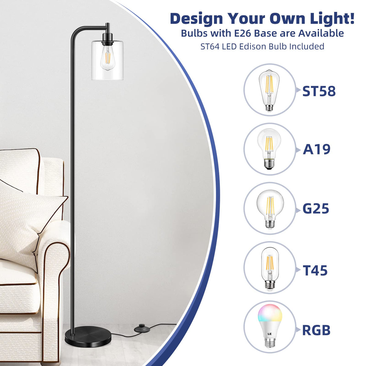Black Industrial Floor Lamp with Hanging Glass Shade