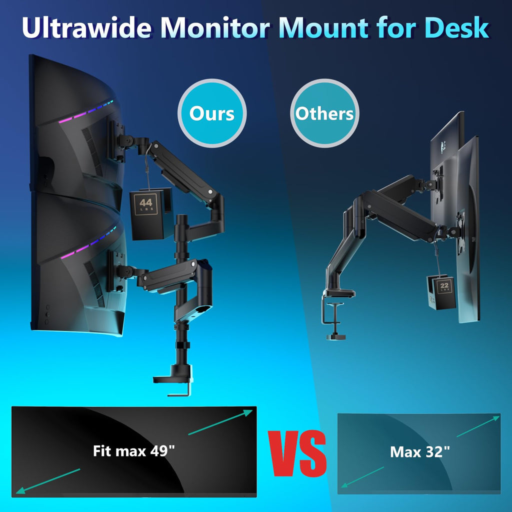Dual Monitor Mount for Ultrawide Heavy Duty Curved Monitor Stacking, Dual Monitor Arms Fits 13-49 Inch for Ultrawide Screens up to 44lbs, 49 inch Monitor Arm, Black