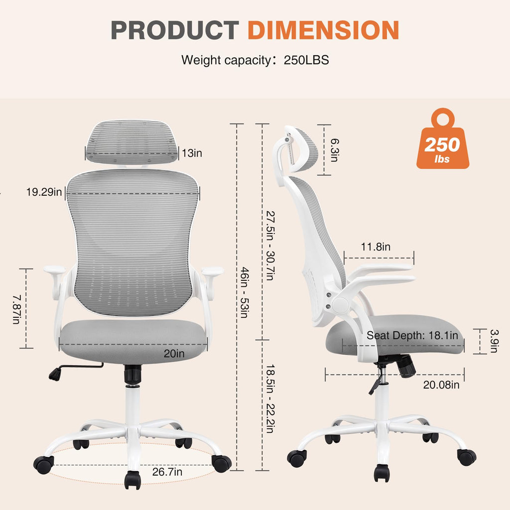 Home Office Managerial Executive Chair, High-Back Mesh with Adjustable Headrest, Flip-up Armrest Comfortable Lumbar Support, Comfy Arms for Bedroom,Study,Student
