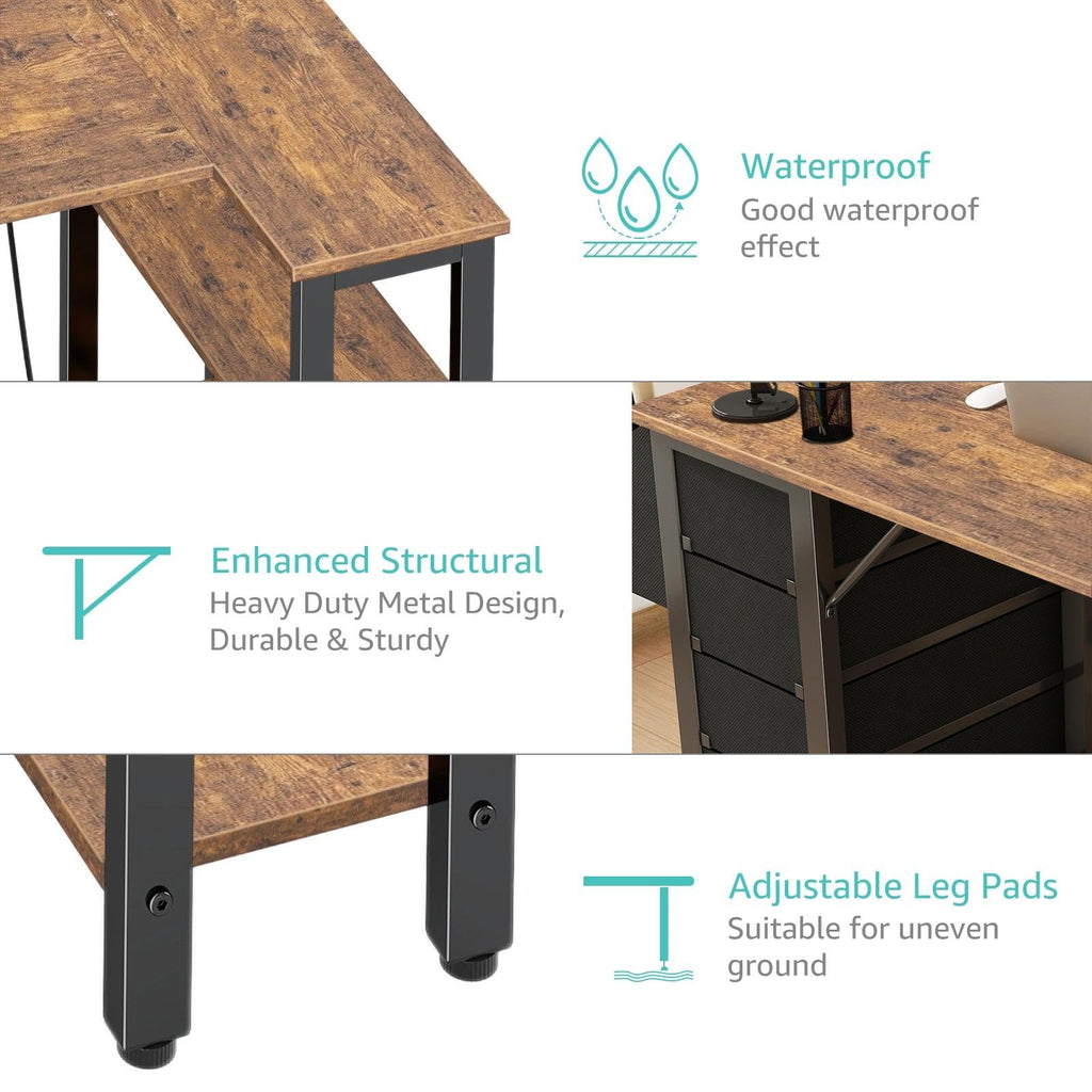 L Shaped Desk with Drawers & Storage Shelves, 47 Inch Small Reversible Corner Desk with Power Outlet for Home Office Bedroom, L-Shaped Gaming PC Computer Desks with Fabric Drawer, Rustic Brown