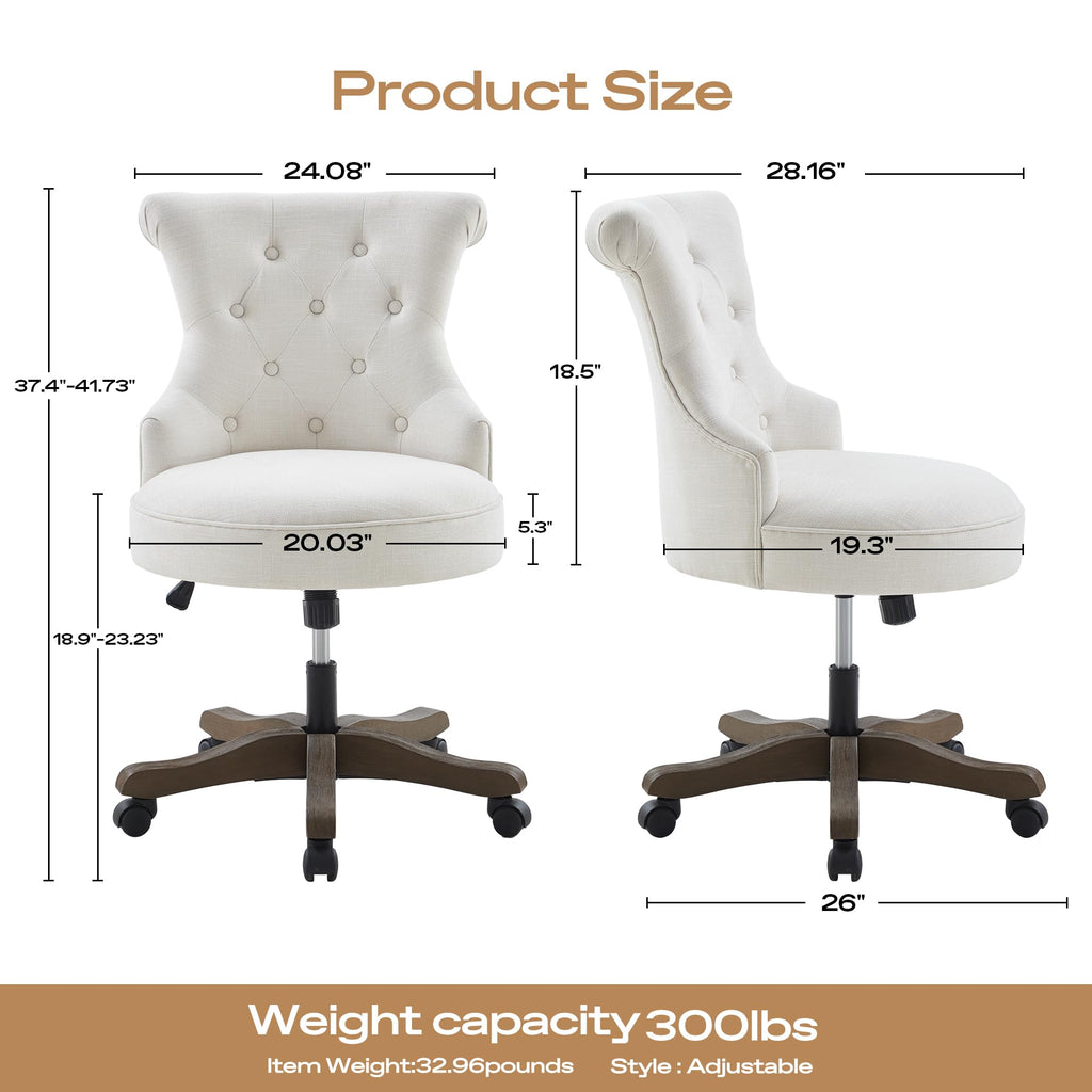 Home Office Chair Upholstered Armless Desk Chairs with Wheels Adjustable Height Computer Desk Chair with Wooden Legs Linen Comfortable Swivel for Home Office Study Studio (Beige)