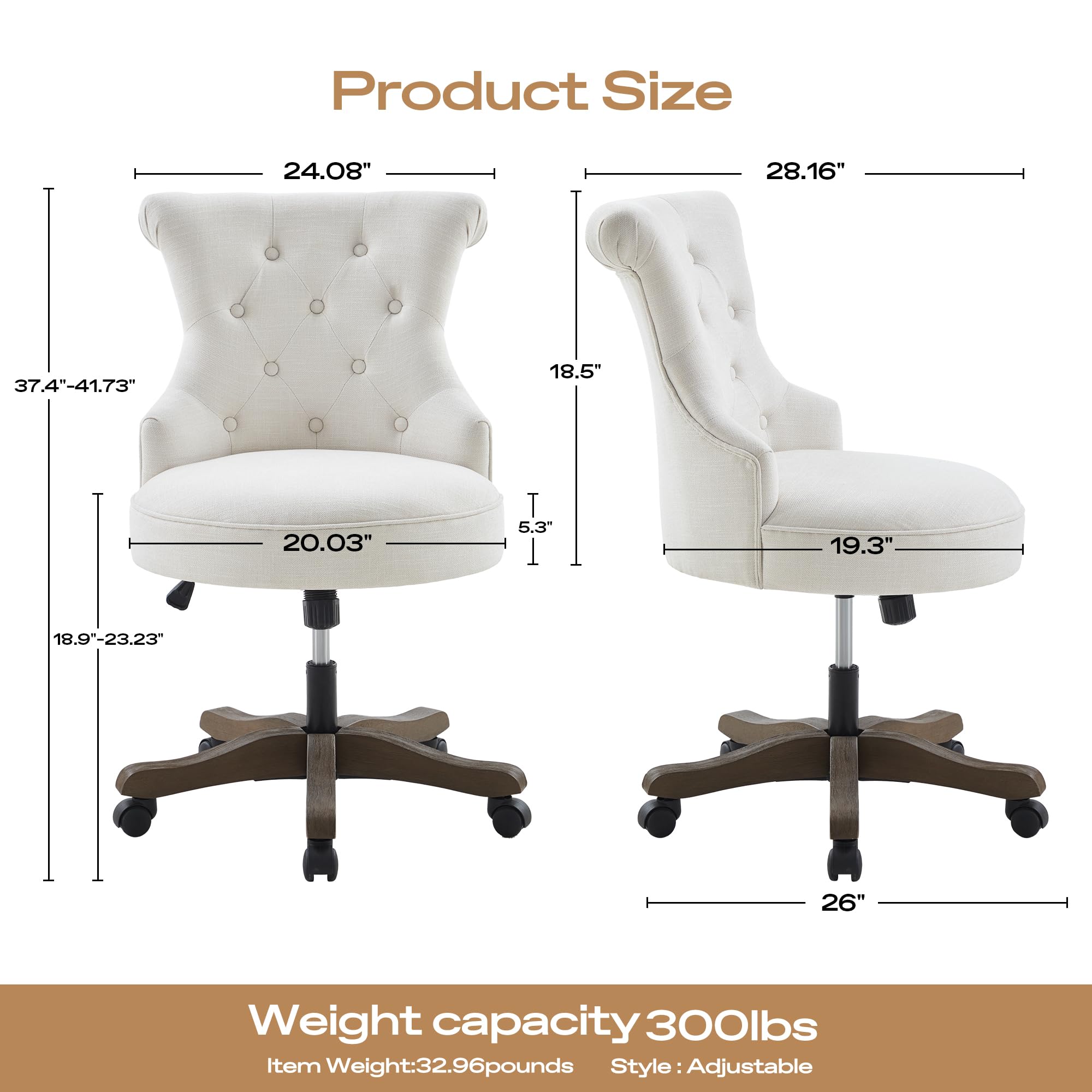 Home Office Chair Upholstered Armless Desk Chairs with Wheels Adjustable Height Computer Desk Chair with Wooden Legs Linen Comfortable Swivel for Home Office Study Studio (Beige)