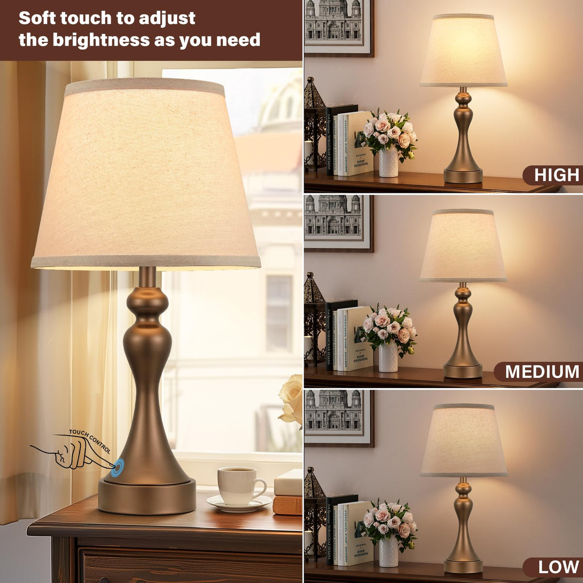 Touch Lamps for Nightstand, 3 Way Dimmable Bedside Lamps with USB C+A Ports