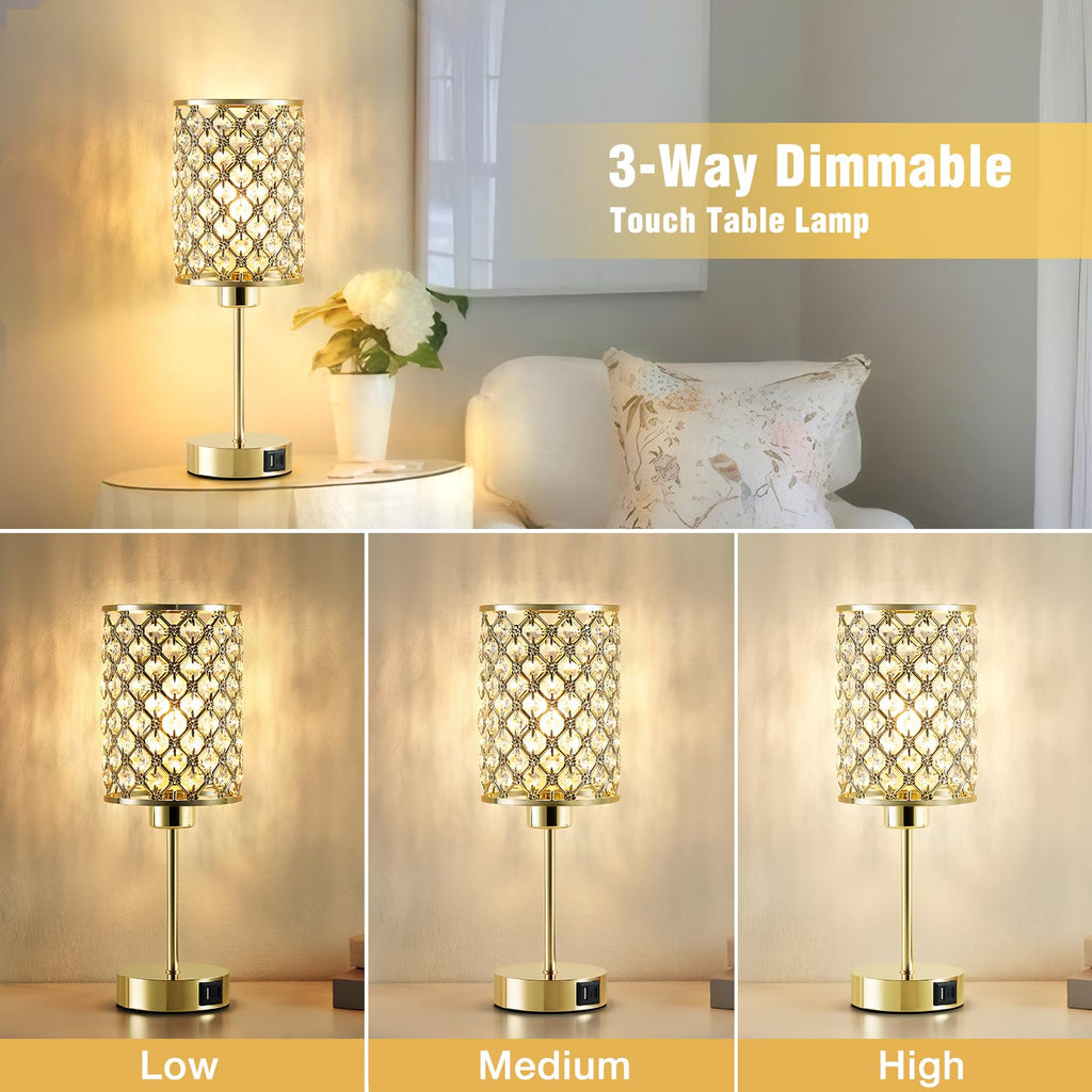 Crystal Table Lamp, Gold Touch Lamp with USB C+A Port, 3-Way Dimmable