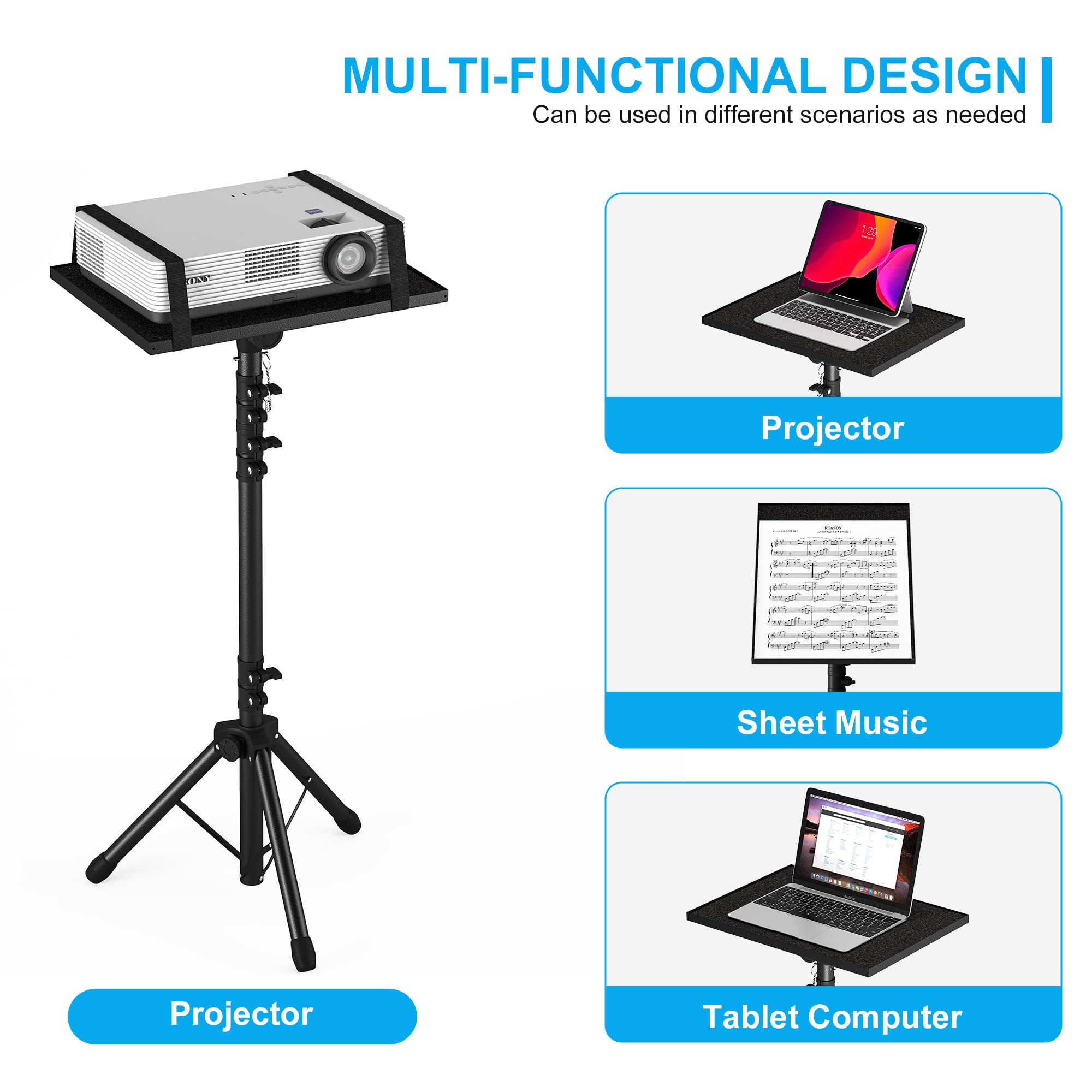 Projector Stand Tripod Adjustable, Laptop Height from 23.5 to 63.5 inches with Gooseneck Phone Holder, Floor for Office, Home, Stage, Studio, DJ Racks Holder Mount, 23.5inch-63.5inch