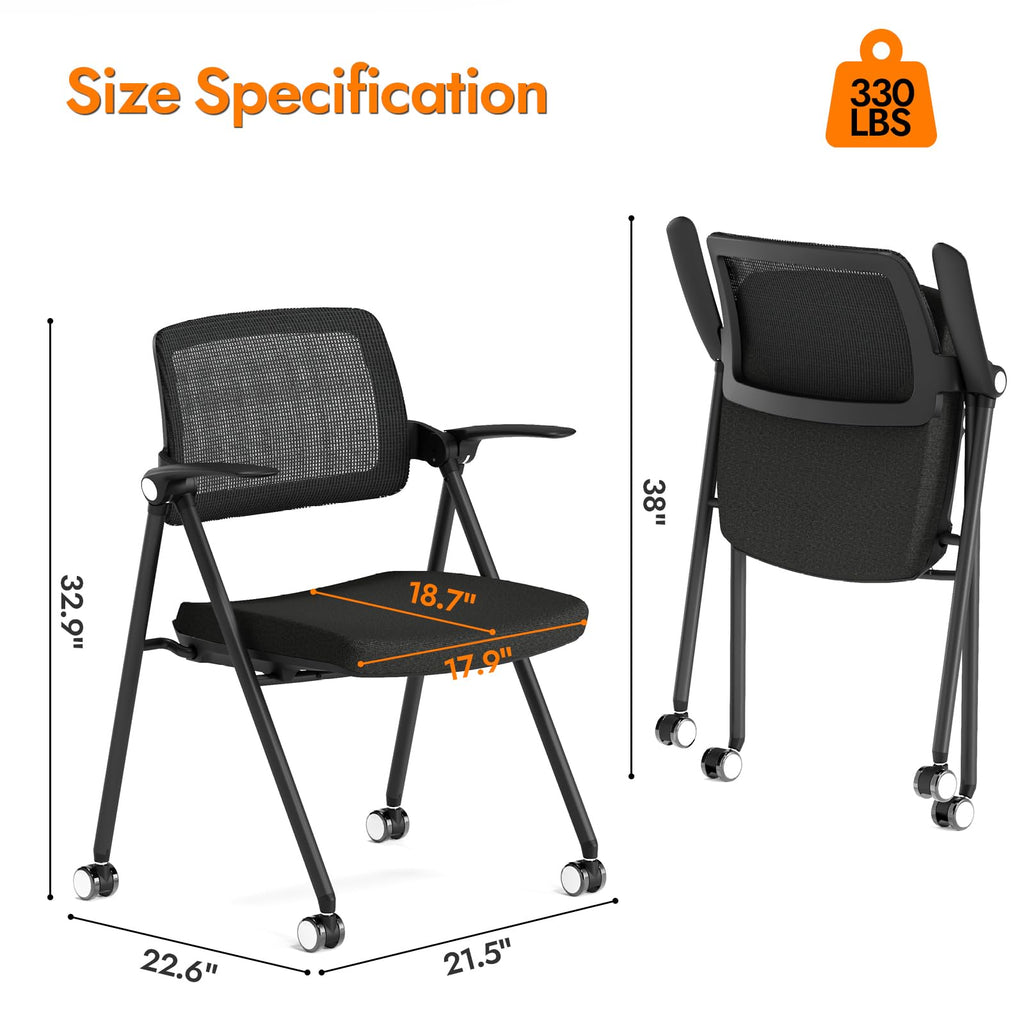 Stackable & Foldable Office Chair, Folding Desk Chair with Flip-Up Armrest, Breathable Mesh, Thick Seat Cushion & Rocking Backrest, Conference Room Chair with Wheel (Black，1)