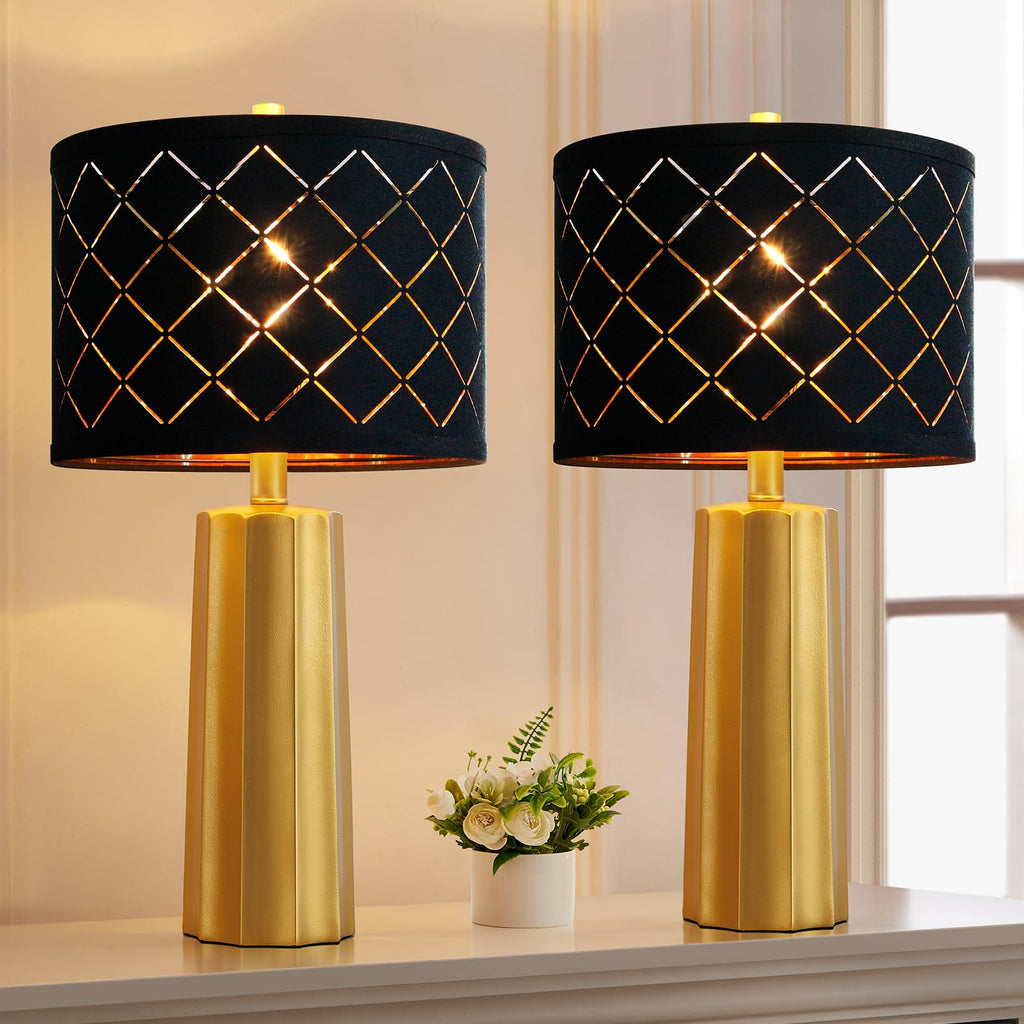 Set of 2 Modern Table Lamps for Living Room Bedroom, Gold Nightstand Resin Lamps with Black Grid Shade, Contemporary Desk Lamps for Bedside End Tables, 2 Bulbs Included (Gold)