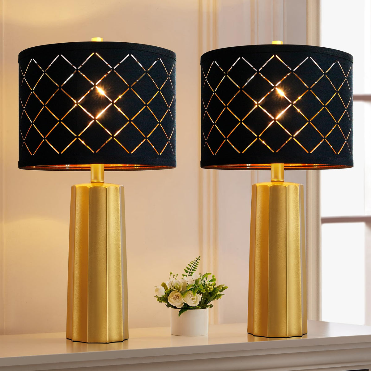 Set of 2 Modern Table Lamps for Living Room Bedroom, Gold Nightstand Resin Lamps with Black Grid Shade, Contemporary Desk Lamps for Bedside End Tables, 2 Bulbs Included (Gold)