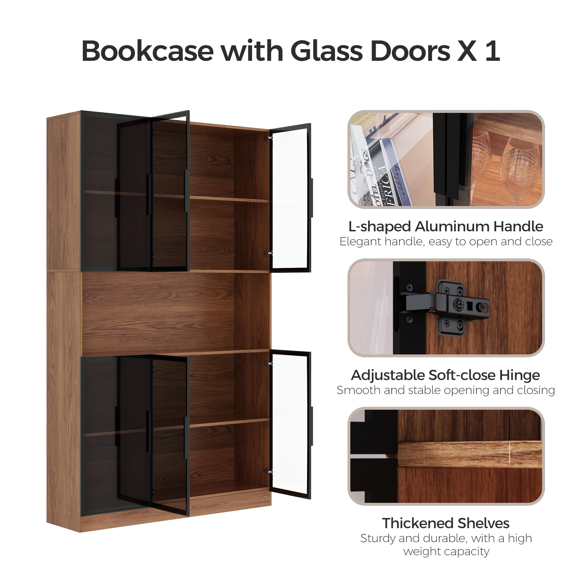 78.7" H Tall Bookcase Storage Cabinet with LED Lights and Drawers, 5 Tier Wood Storage Shelves with Glass Doors, Expandable Bookshelf Display Cabinet for Living Room, Home Office (A+C+A)