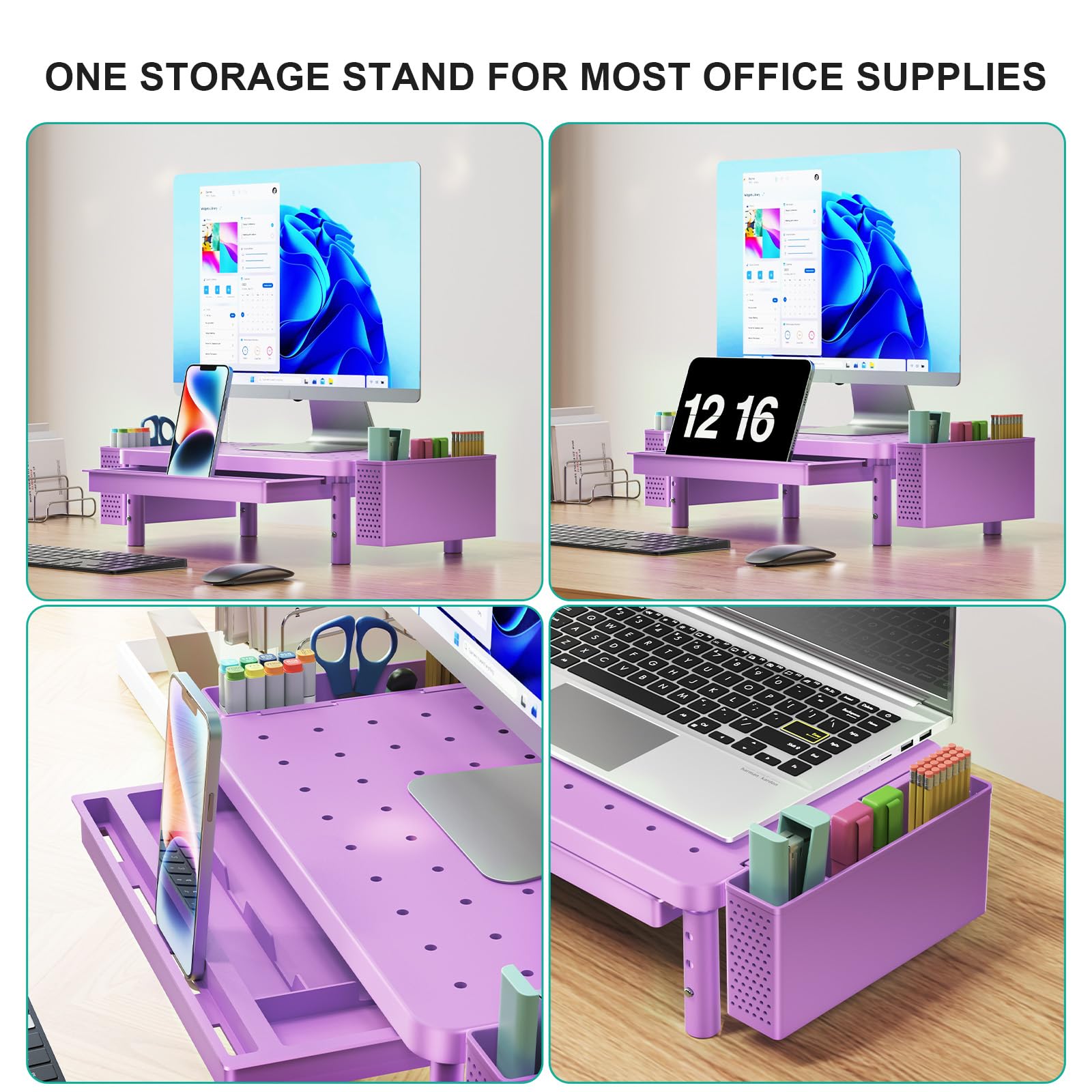 Computer Monitor Stand with Storage, Desk Organizer with Drawer and Pen Holder, Desk Monitor Riser 3 Height Adjustable, Laptop Riser for Laptop, Printer (PTT003-V), 1 Pack, Violet