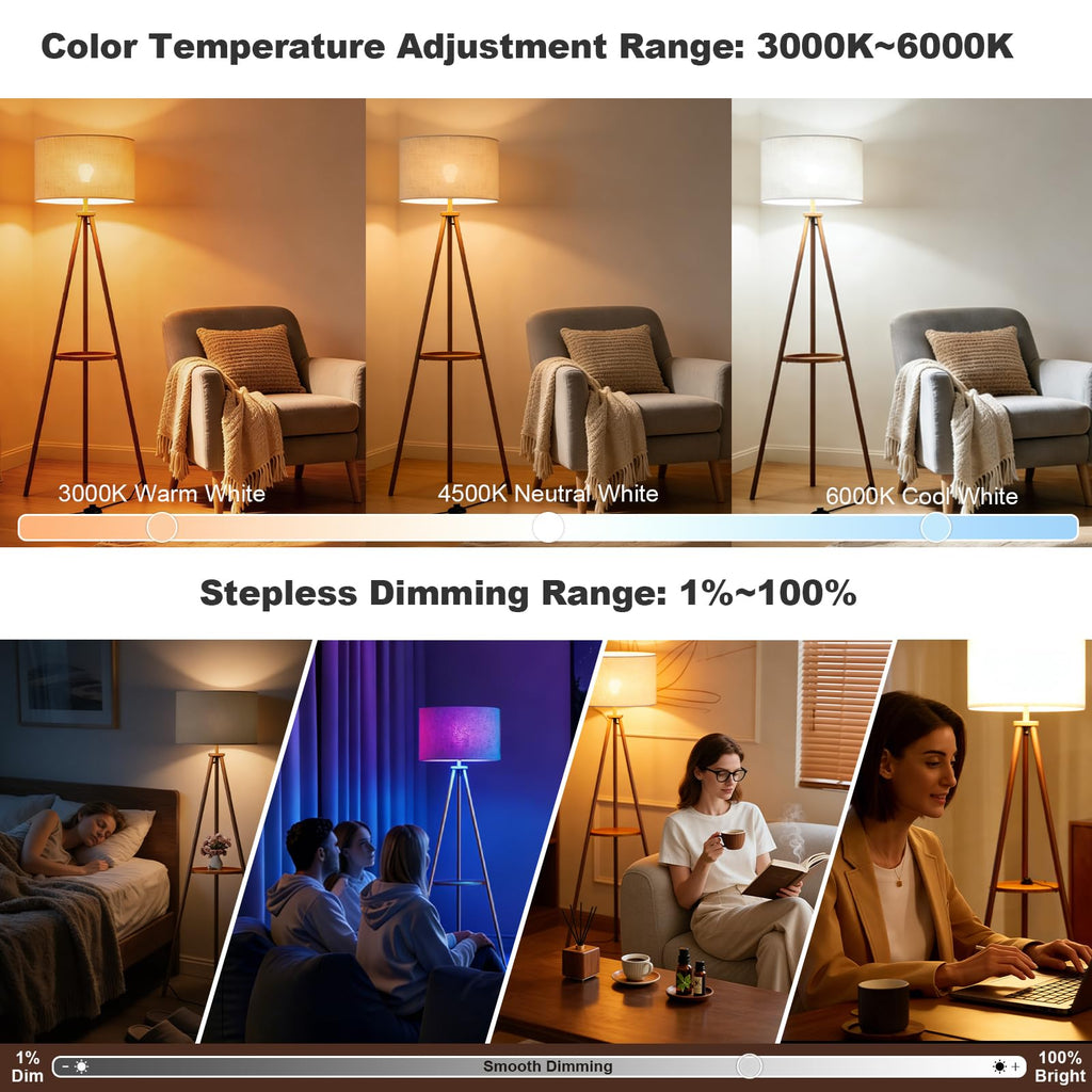 58.3" Mid-Century Tripod Floor Lamp with Shelf, Hidden Wiring, RGB Dimmable Bulb Included, Remote & App Control, Iron Corner Standing Lamp with Linen Shade for Living Room Bedroom