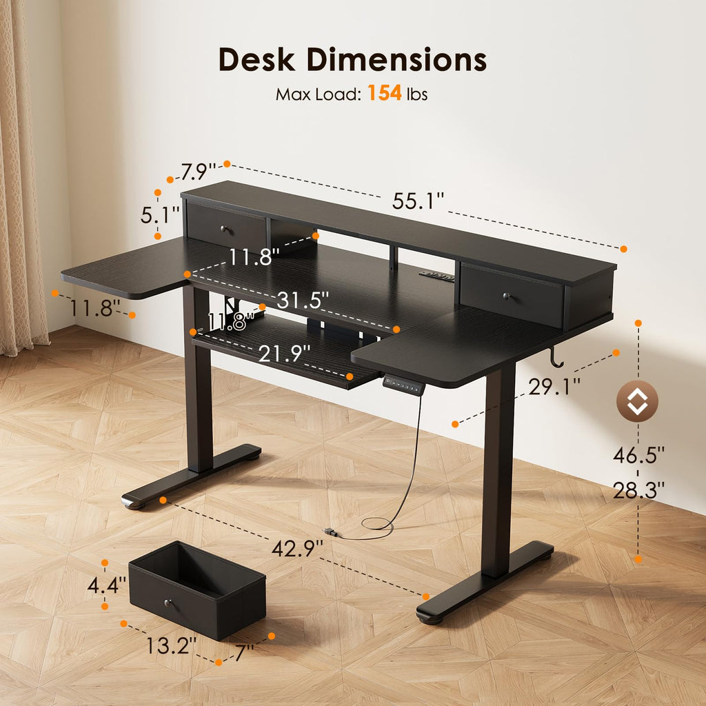 U Shaped Electric Standing Desk with Drawers, 55 Inch Height Adjustable Desk with Keyboard Tray ＆ Ergonomic Monitor Stand, Sit Stand Table with Power Outlets for Home, Office, Black