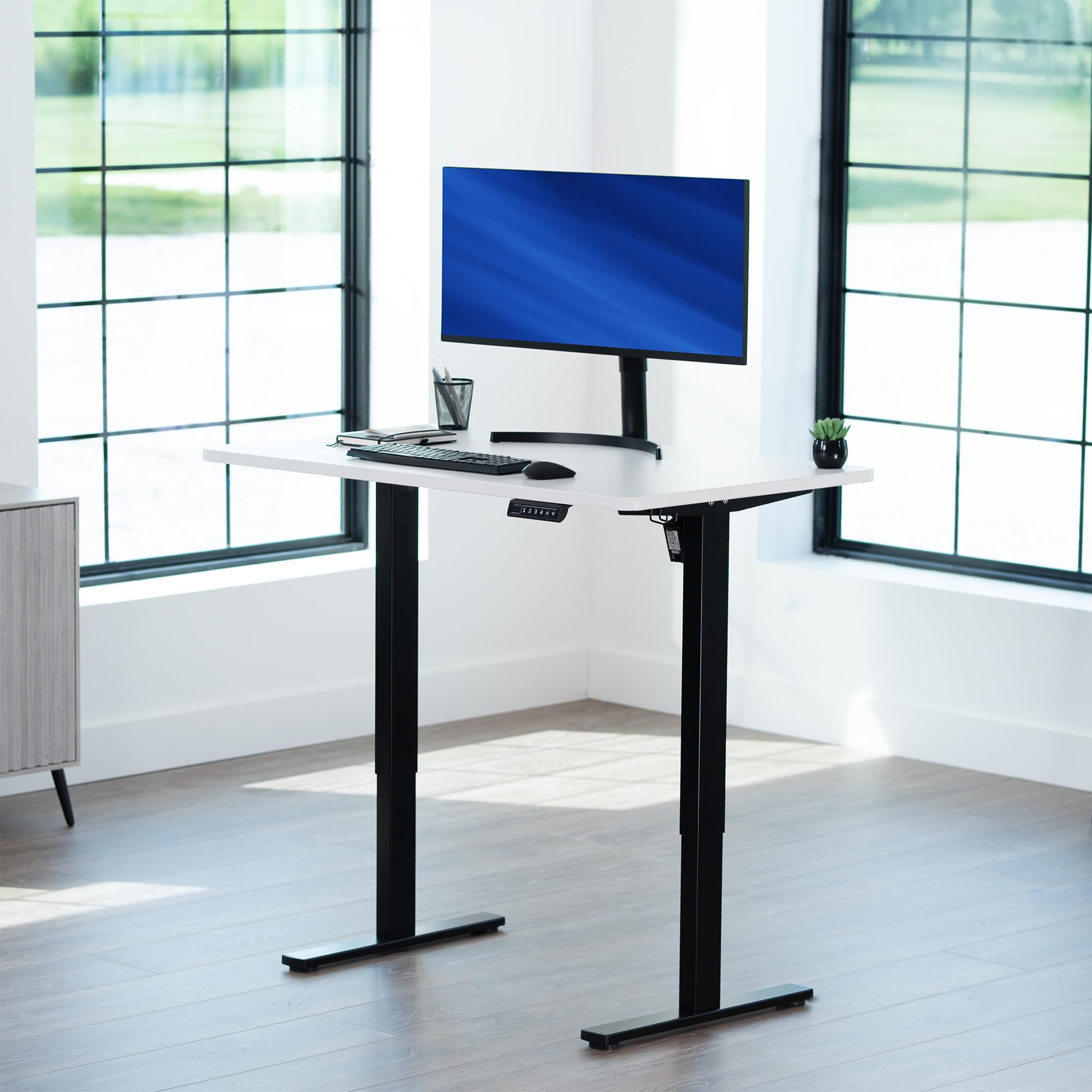 Electric 48 x 30 in Standing Desk, Memory Height Adjustment, 1B Series, Holds 220 lbs, One-Piece White Top, Black Frame