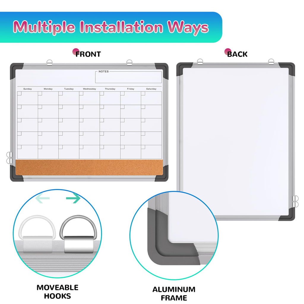 Monthly Calendar Whiteboard for Wall, 24x18 Inches Dry Erase Board with Cork Board Combo, Magnetic White Board, Double-Sided Hanging Portable Board for Office School Home Kitchen Planner Memo