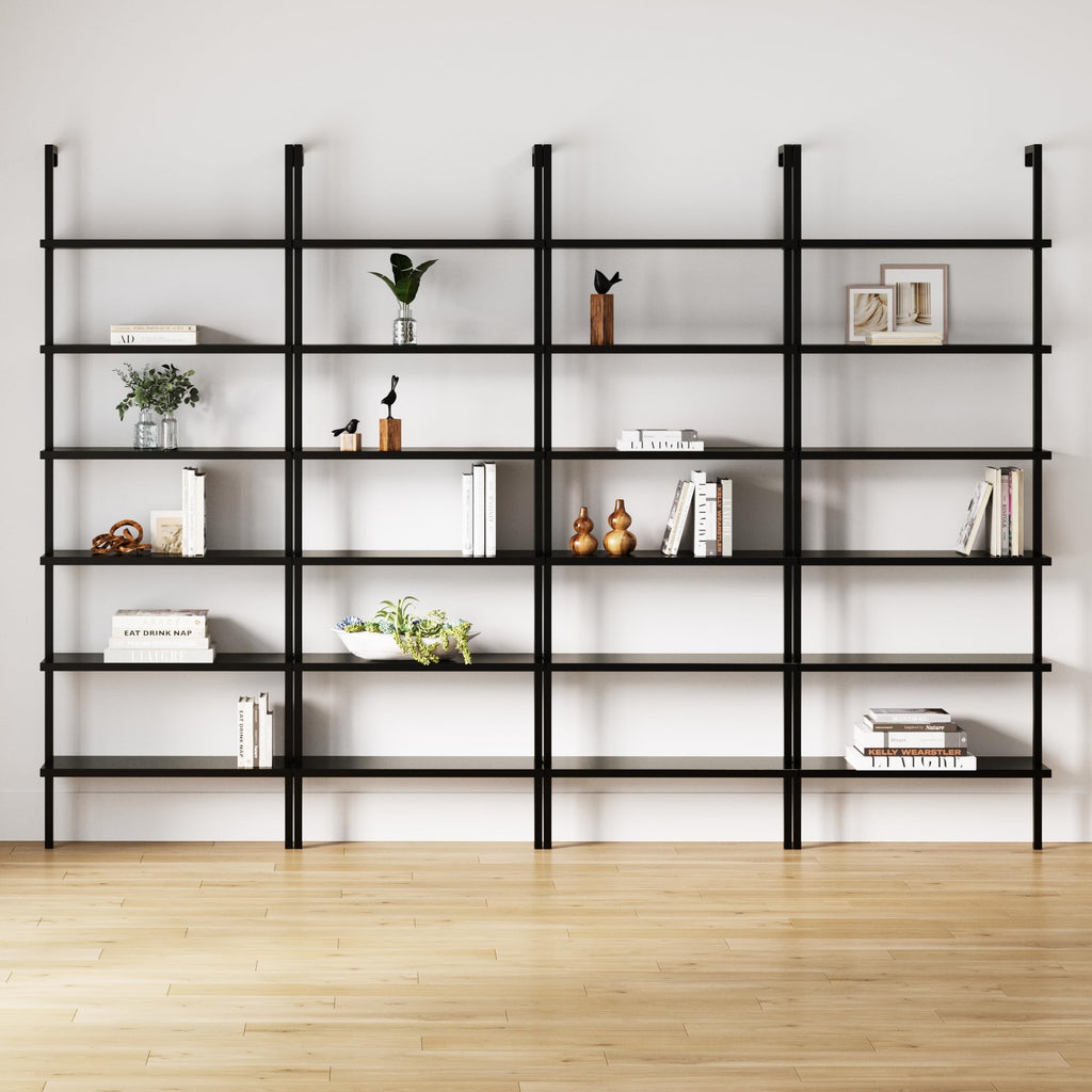 Set of 4, 6-Shelf Tall Bookcase, Wall Mount Bookshelf Wood Shelves and Metal Frame, Matte Black, Set of 4