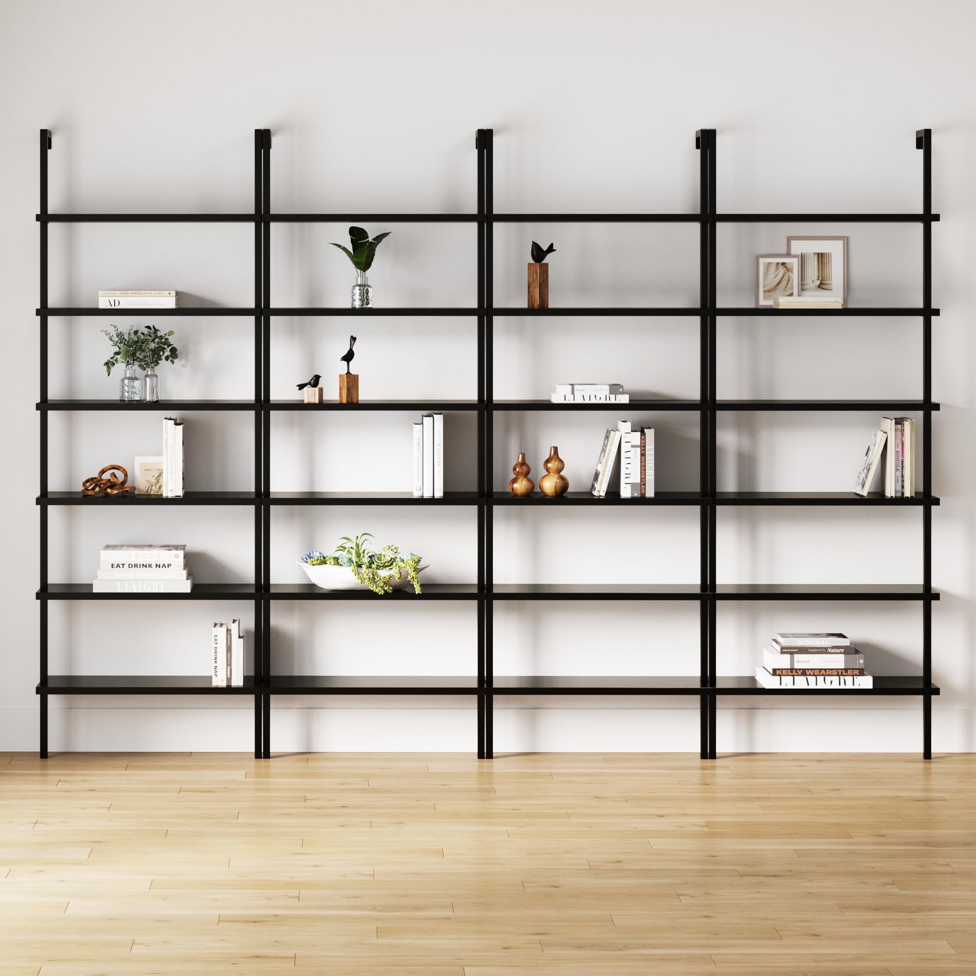 Set of 4, 6-Shelf Tall Bookcase, Wall Mount Bookshelf Wood Shelves and Metal Frame, Matte Black, Set of 4
