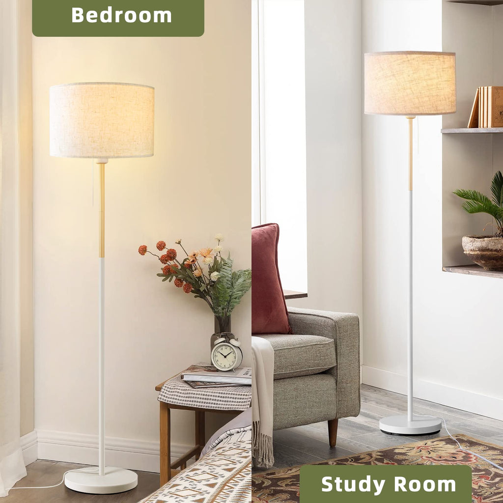 Bedroom Standing Floor Lamp, Farmhouse Lamp with Linen Shade, White