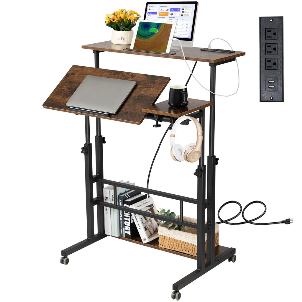 Mobile Standing Desk Adjustable Height, Rolling Desk Stand Up Desk, Mobile Laptop Desk, Rolling Computer Desk with Charging Station, Portable Desk with Wheels, Rustic Brown