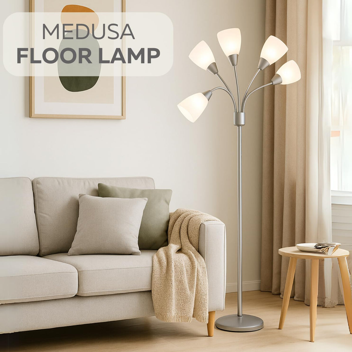 Medusa 5-Light Floor Lamp – Silver Multi-Head Standing Lamp w/ 5 Adjustable White Acrylic Shades for Bedroom, Living Room, Office, Requires E12 Candelabra-Base LED Bulbs