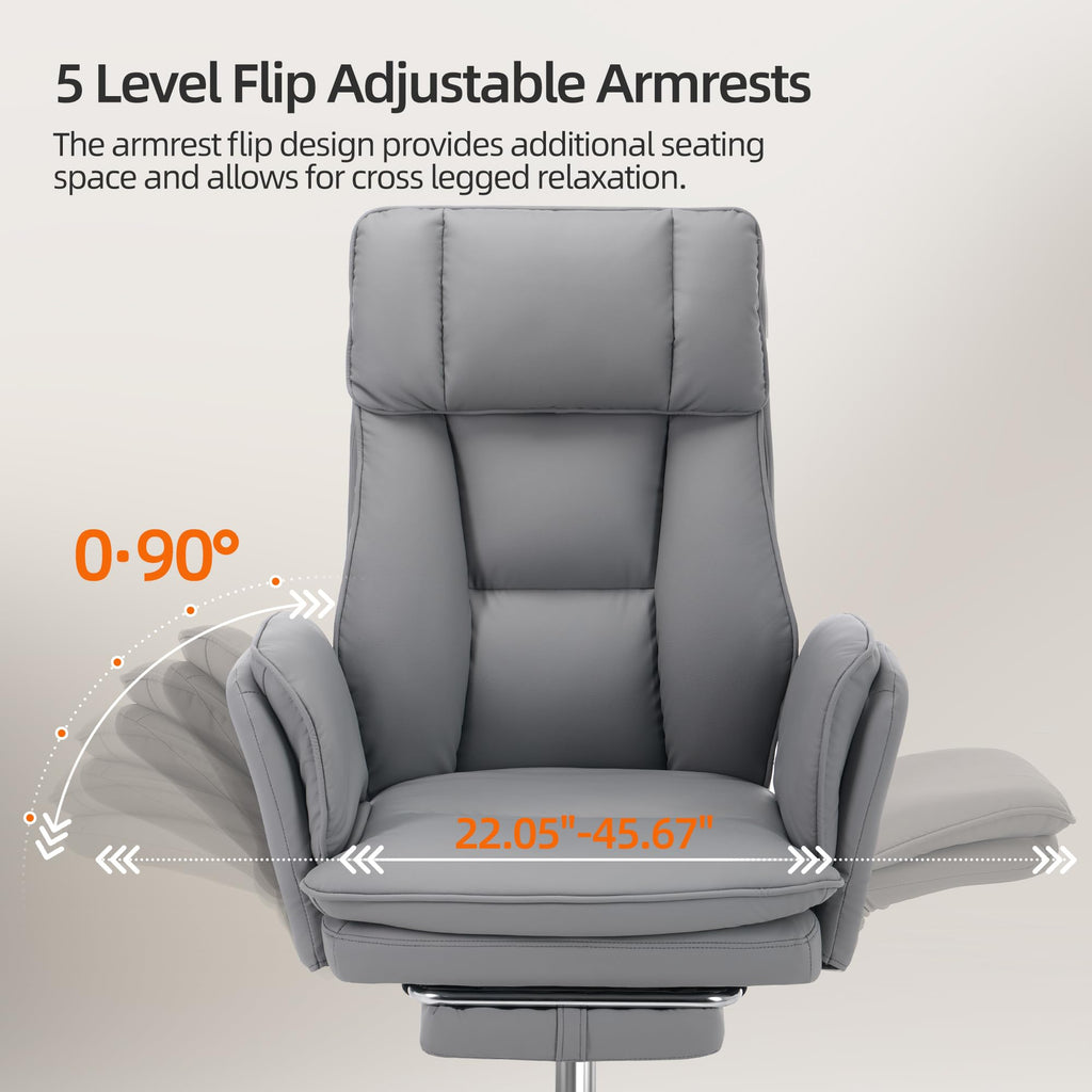 Criss Cross Office Desk Chair with Foot Rest and Flip Armrests for Pets Friendly & Extra Space, Comfortable Ergonomic Reclining Gaming Computer Chair with Lumbar Pillow(Faux Leather Grey)