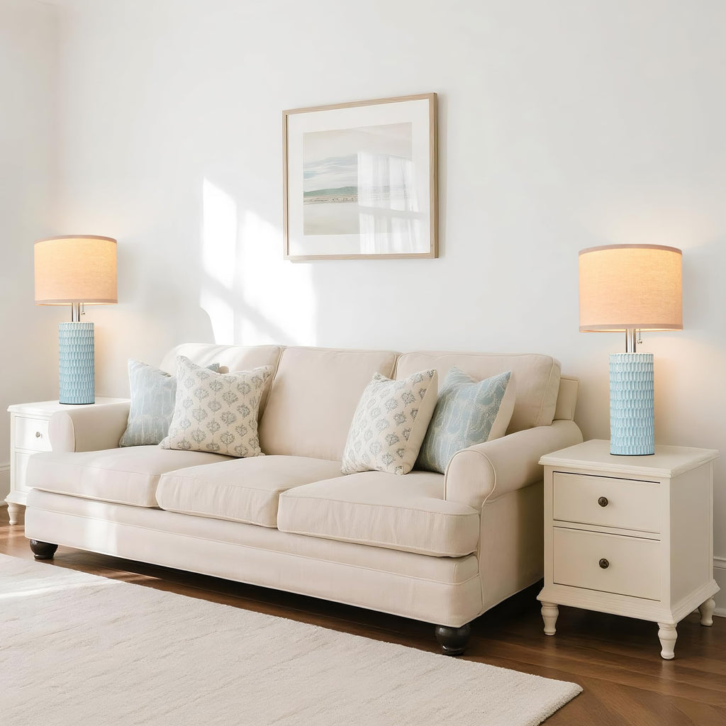 20.5" Modern Ceramic Table Lamps for Bedroom Set of 2, Bedside Lamps for Night Stands with Beige Lampshade, Farmhouse Table Lamp for Living Room Office Dorm, Sky Blue