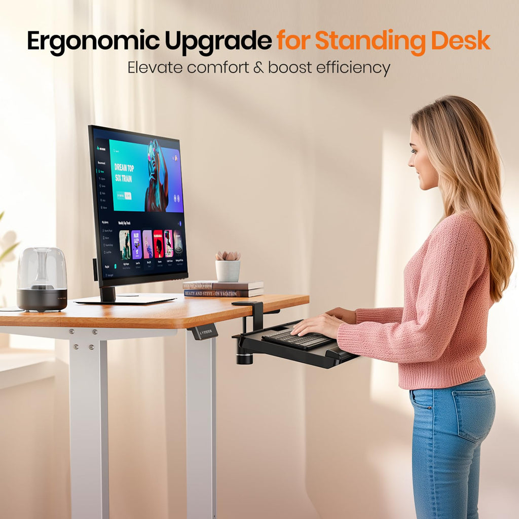 Keyboard Tray Under Desk with 360° Rotation, Ergonomic Computer Keyboard & Mouse Tray 25"W×11.02"D Sit Stand Desk Keyboard Holder w/Wrist Rest & Storage Drawer (Height is not Adjustable)