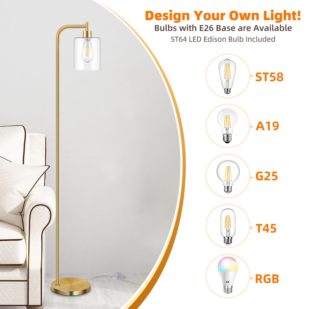 Brass Gold Industrial Floor Lamp with Hanging Glass Shade