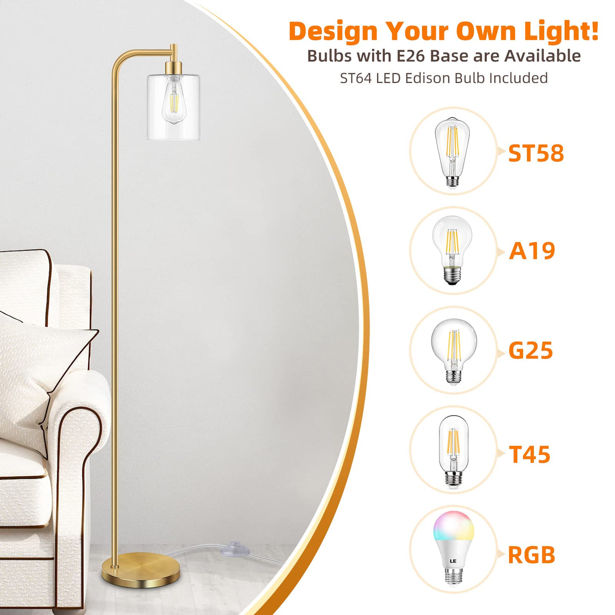 Brass Gold Industrial Floor Lamp with Hanging Glass Shade
