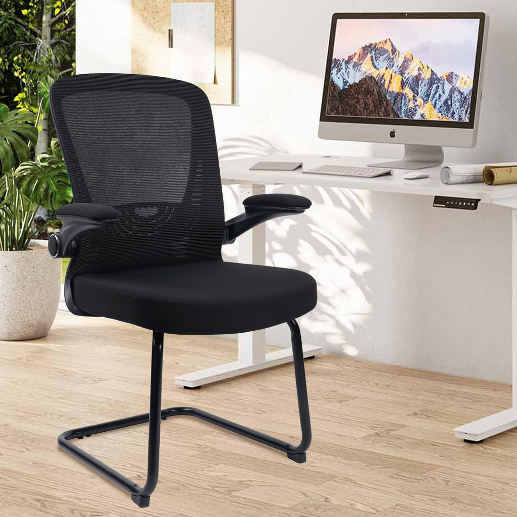 Black (2PK) Office Guest Chair no Wheels, Ergonomic Mesh Desk Chair Adjustable Lumbar Support and Flip Up Arms, Sled Base for Office Guest & Reception Chairs for Conference Room,