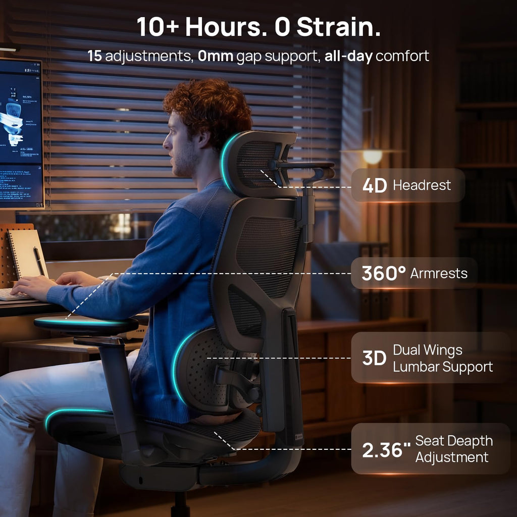 Ergonomic Office Chair with Adaptive Lumbar Support - Over 10 Hours Comfortable, Mesh Big and Tall Home Desk Chair with 4D Headrest, 630° Armrst, Seat Depth Adjustable