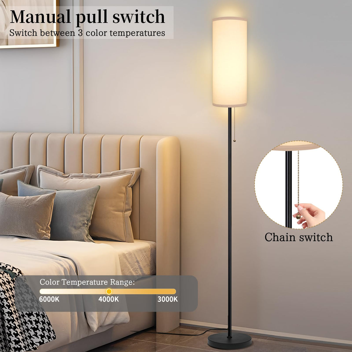 Floor Lamp for Living Room, Modern Standing Lamps with Lampshade, Minimalist Tall Lamp with Chain Switch for Living Room, Bedroom, Kids Room, Office,Standing Lamp LED Bulb Included (White Shade)