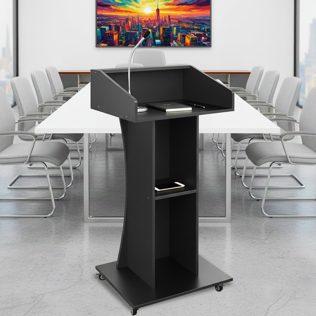 Podium Stand with Lockable Wheels,47"H Wooden Podium for Classroom, Mobile Pulpit Lectern with 3 Storage Shelves for Church, Office,Conference Room (Black)