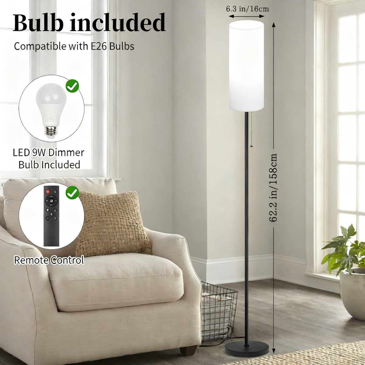 Floor Lamps for Living Room RGB Color Changing Bulbs Dimmable Color Brightness Modern Standing Lamp Remote Control Tall Lamp Chain Switch for Bedroom Office 9W LED Bulb Included, White Shade RGB Bulb