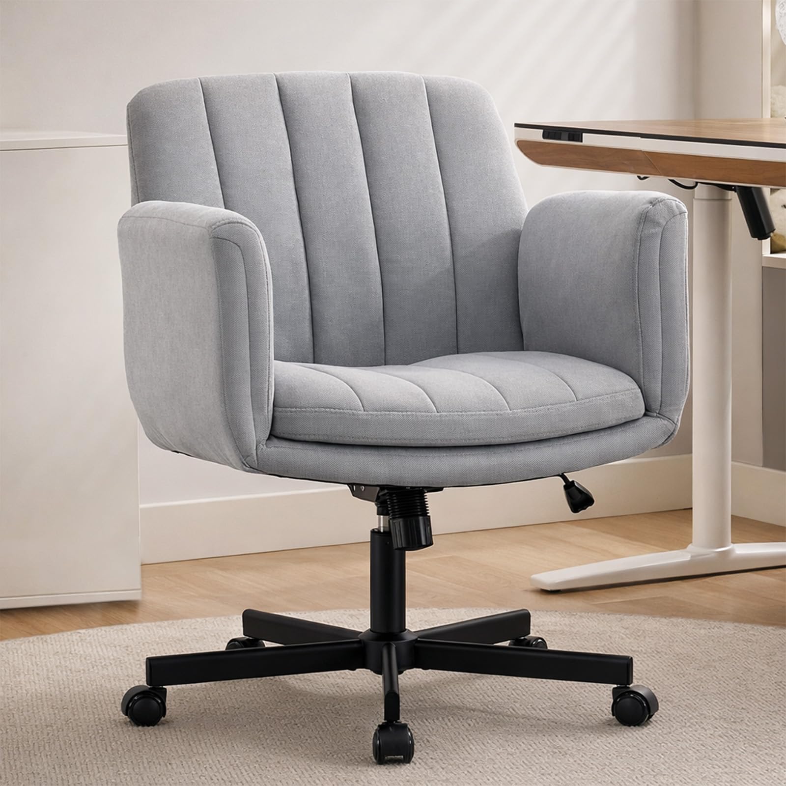 Criss Cross Office Chair with Wheels and Arms, Vanity Chair with Back, Comfy Swivel Cross Legged Office Chairs for Ultimate Comfort and Support, Unique Multifunctional Stylish Arms (Fabric Gray)