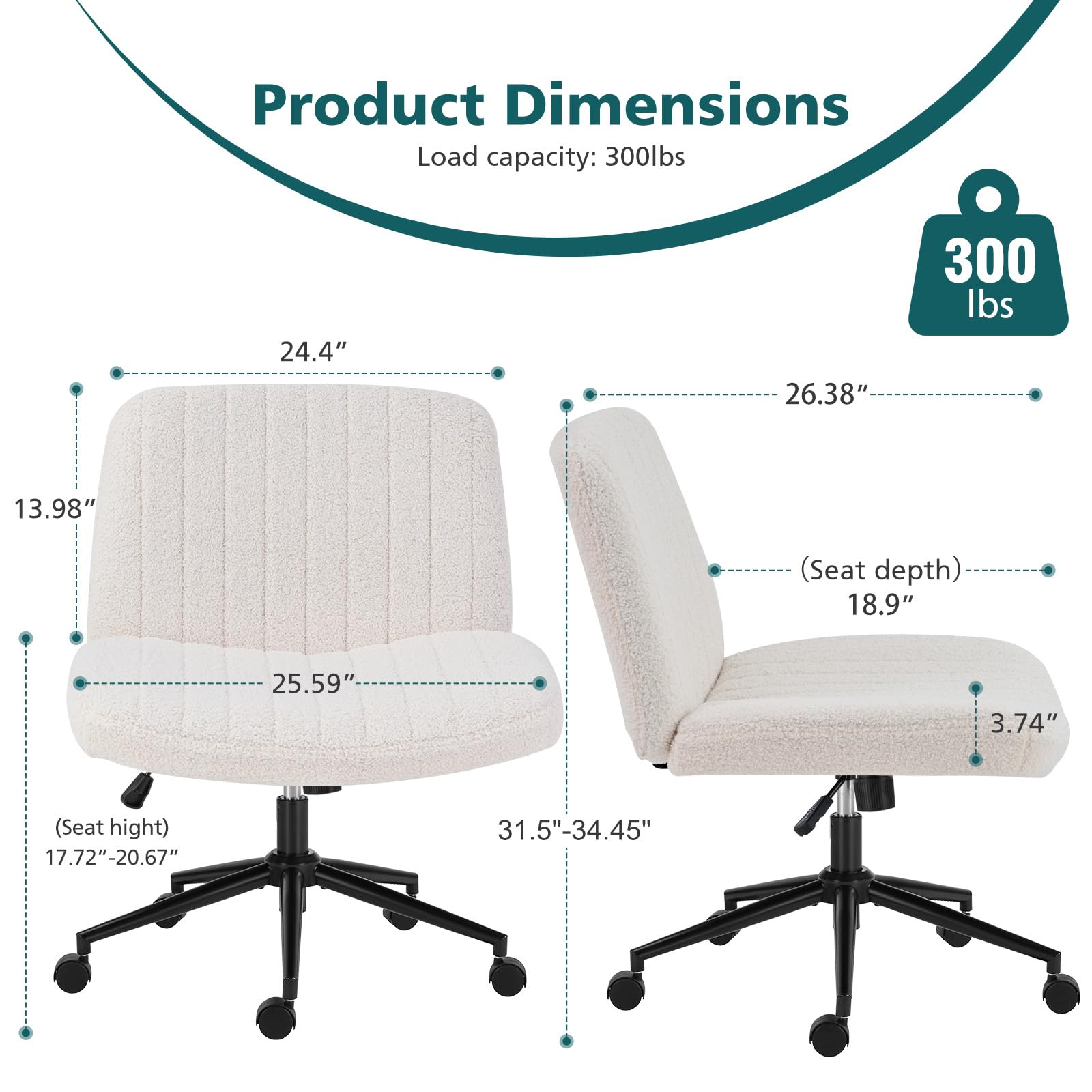 Criss Cross Chair with Wheels Wide Cross Legged Office Desk Vanity Chair Comfy Fabric Armless Adjustable Swivel for Home Computer Task Teddy Beige
