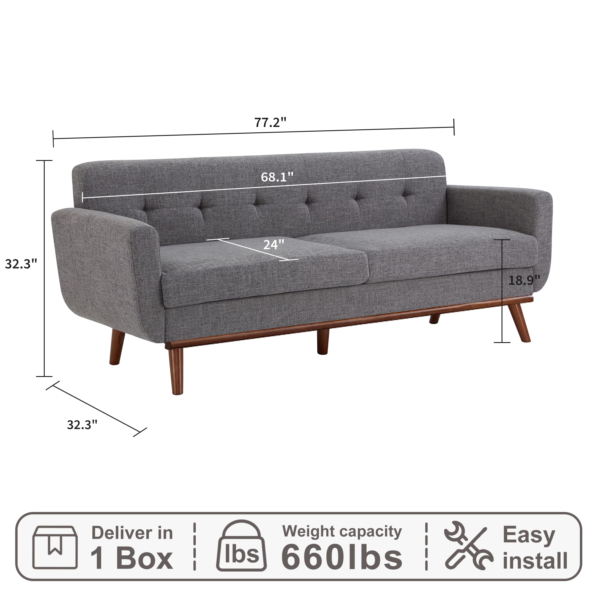 77.2" W Loveseat Sofa, Solid & Easy to Install Small Couch for Bedroom, Office, Apartment, Gray