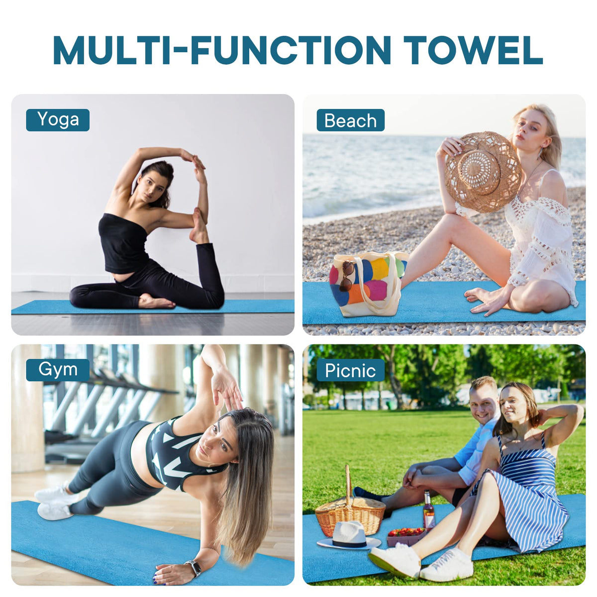 Yoga Towels, Non Slip Hot Yoga Mat Towel with Grip Dots,Super-Absorbent Soft Microfiber Yoga Blanket for Pilates, Fitness and Workout 72inch x 24inch (Blue)