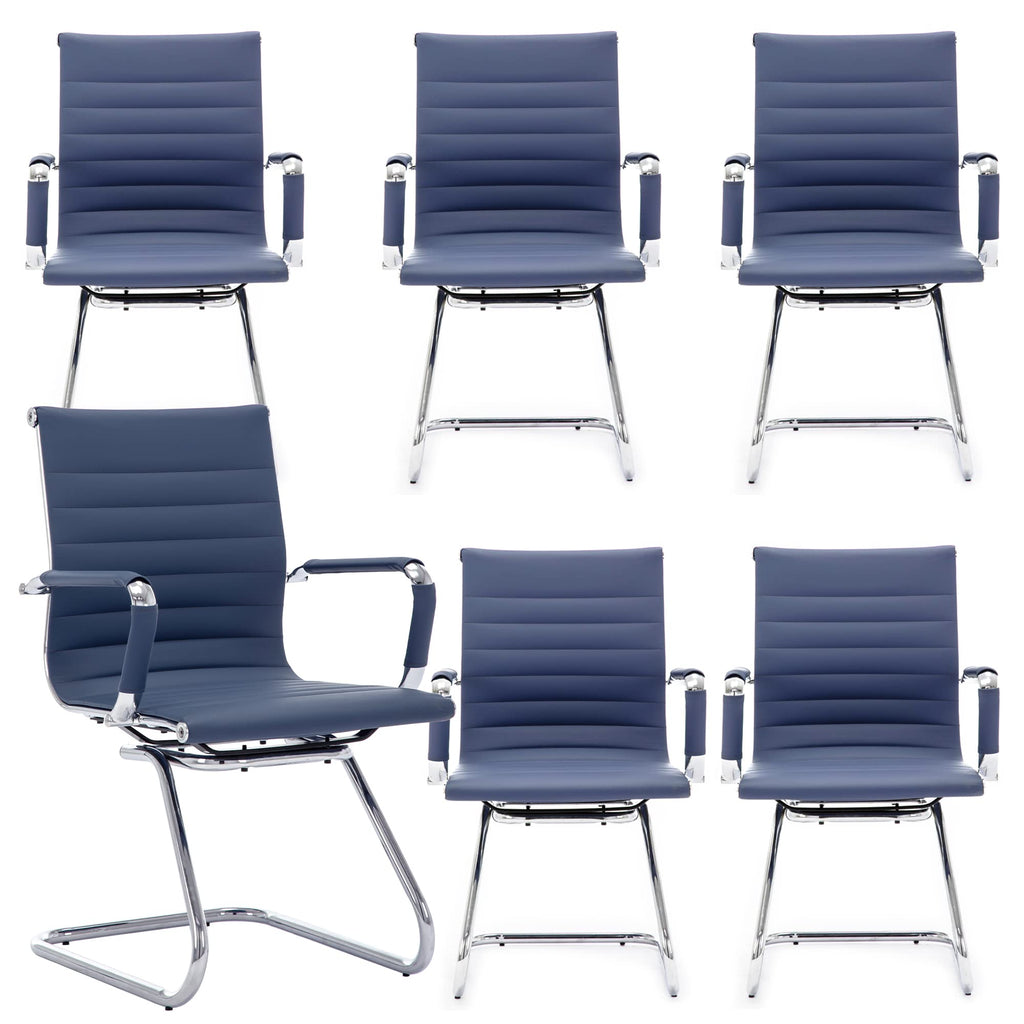 Office Desk Chair No Wheels Set of 6 PU Leather Computer Chairs Mid Back Guest Chairs for School Reception Conference Waiting Room, Navy Blue