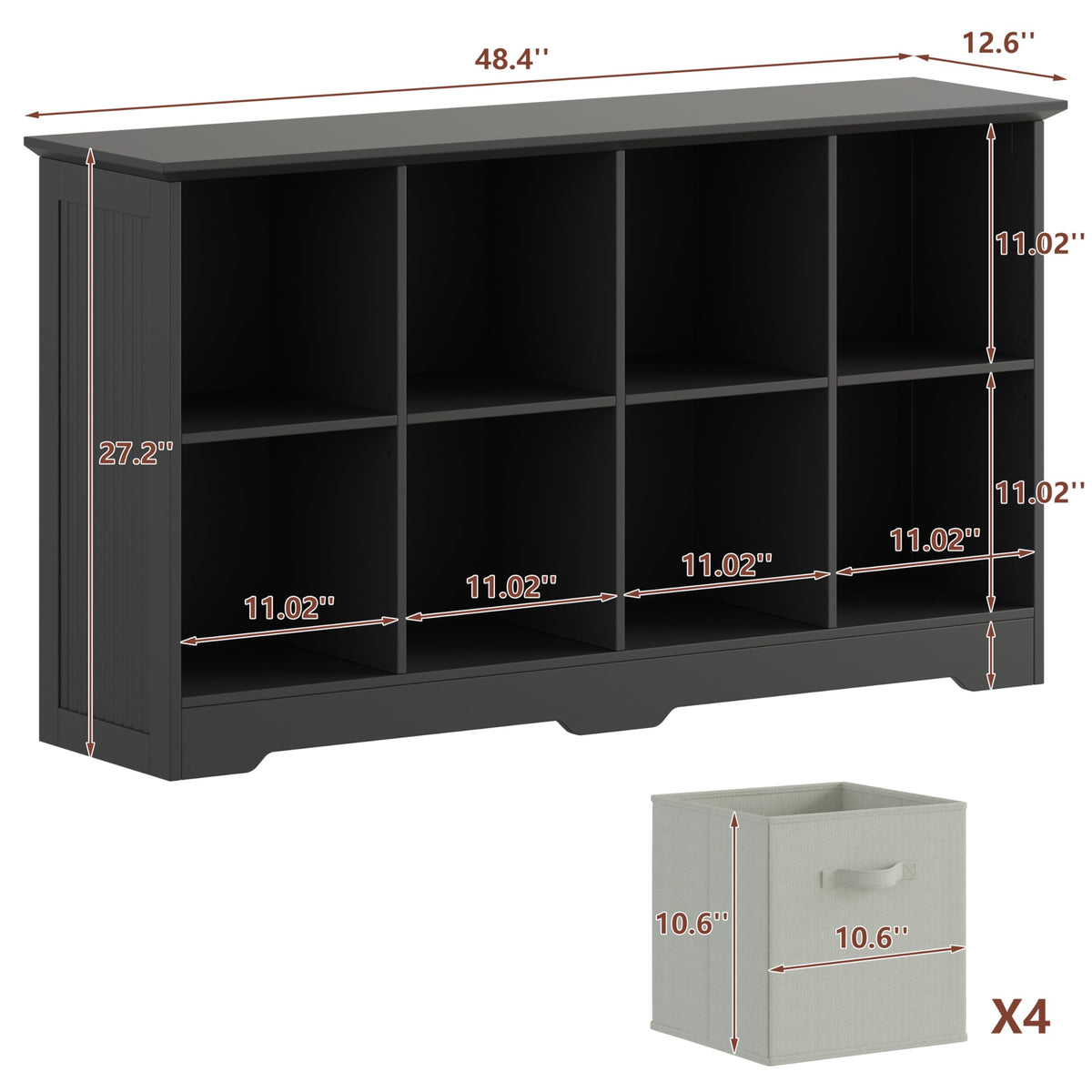 8 Cube Storage Organizer with 4 Fabric Drawers and Removable Shelves — Modular Cube Bookshelf for Bedroom, Living Room, or Home Office, Short Cube Bookcase for Toys, Decor,Black