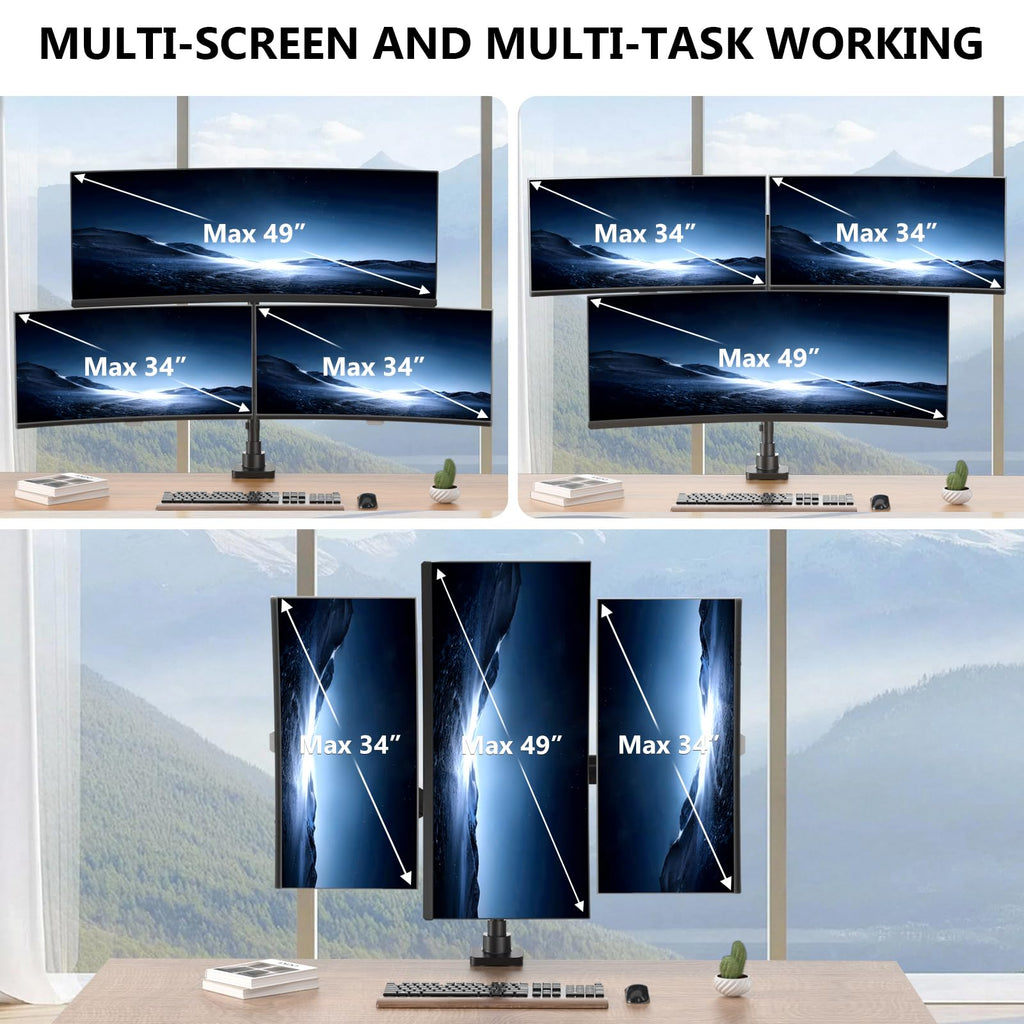 Triple Monitor Mount, up to 49'' Ultrawides on Top Bracket and 34'' Screens on Side Brackets, Extra Tall 3 Monitors Desk Mount, Heavy Duty Monitor Arm up to 44 lbs (GSDM003N-P), Black