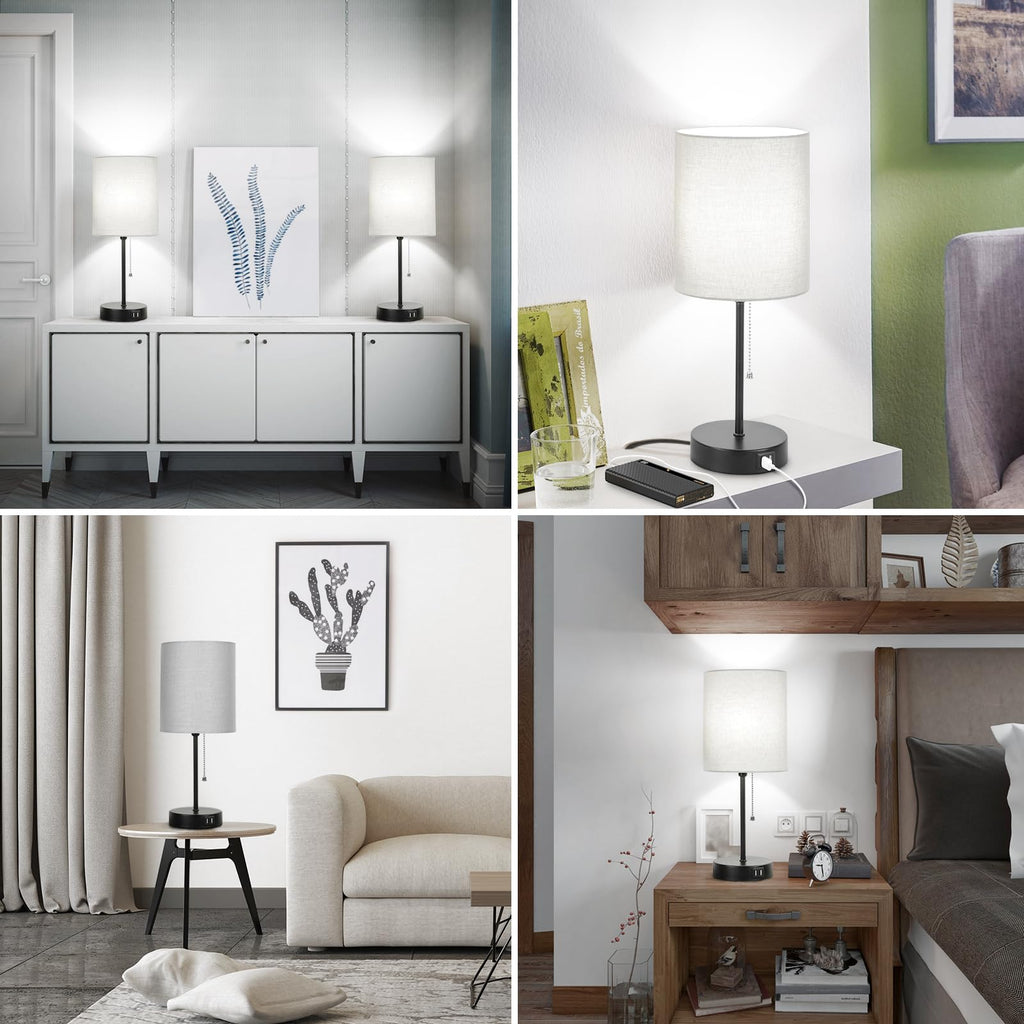 17.3'' Table Lamps Nightstand Set of 2 with 2 USB & AC Outlet, Grey