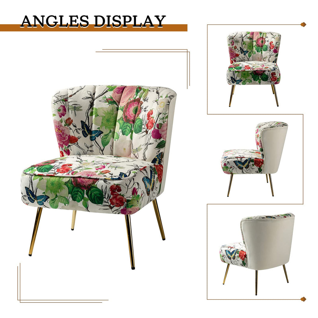 Armless Accent Chair with Gold Metal Legs, Comfy Tufted Floral Fabric Living Room Chair Wingback Small Side Chair, Upholstered Slipper Chair for Bedroom, Reading Room (Print Flower, IVORY)