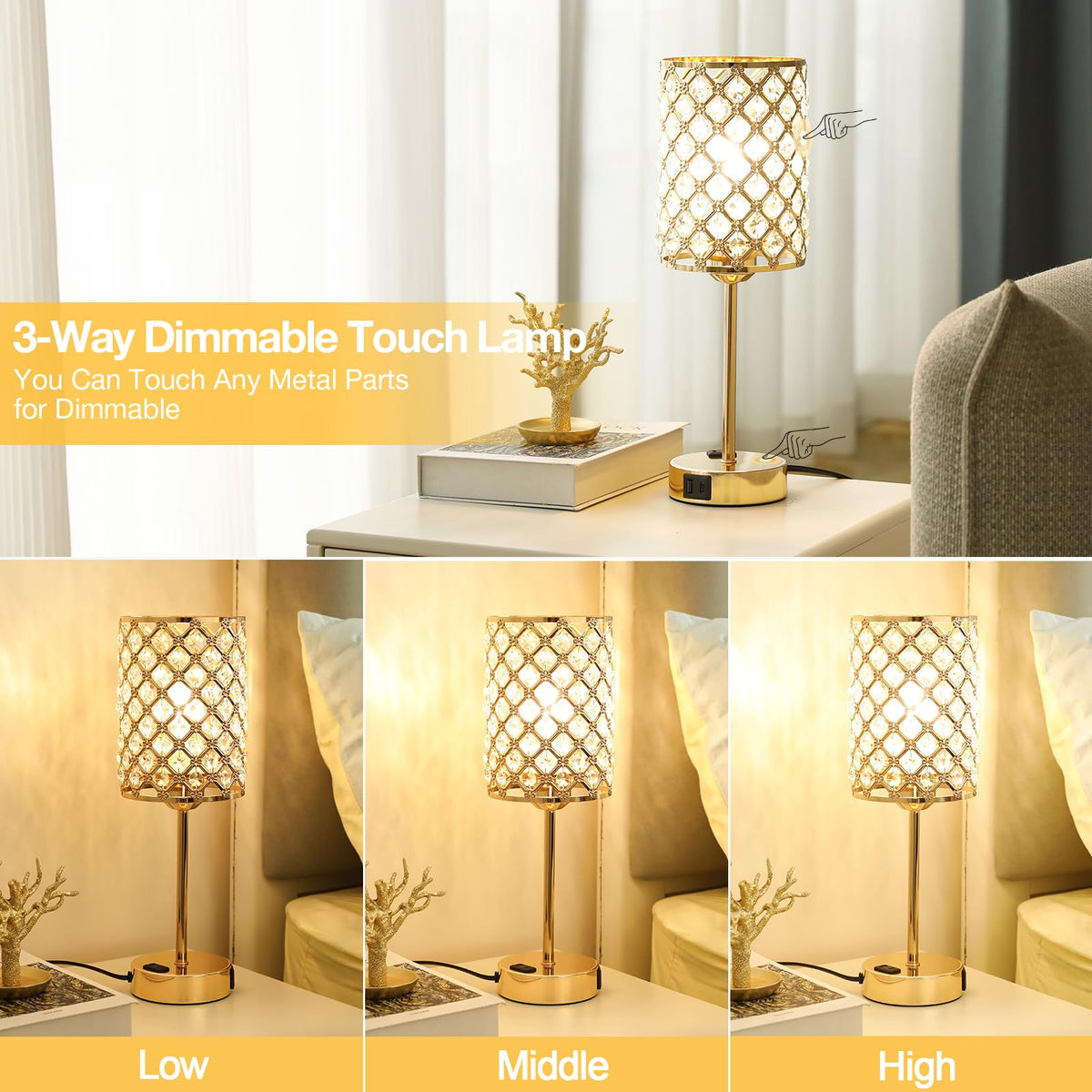 Gold Lamps for Night Stands, Crystal Table Lamp with Touch Control