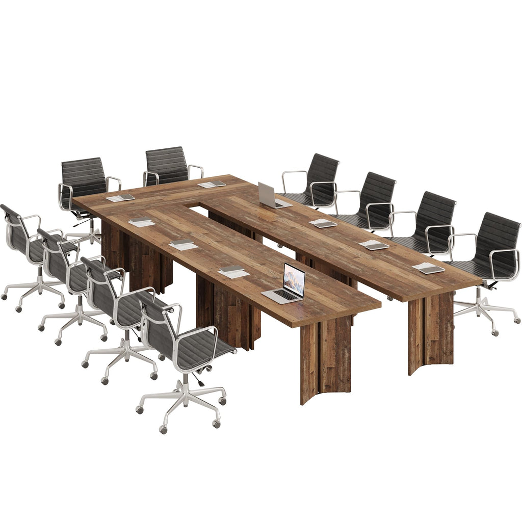 10.5FT Conference Table, Large Rectangle Meeting Seminar Table for 10-12 Person, Long Wooden Business Tables (Set of 2, Distressed Brown)